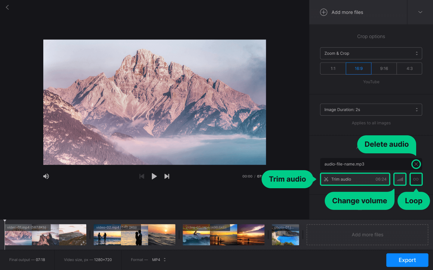 Change audio settings in slideshow maker